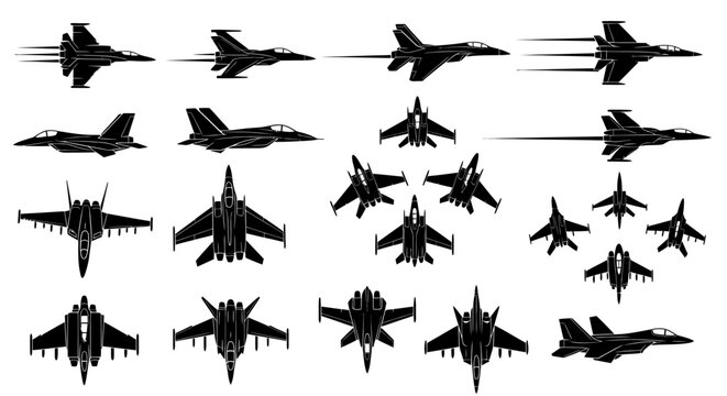 Jet Fighter Silhouettes: Collection of Military Aircraft Views