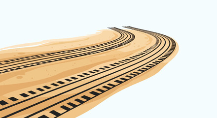 Fototapeta premium Abstract illustration of curving train tracks across a sandy, textured terrain under a light sky
