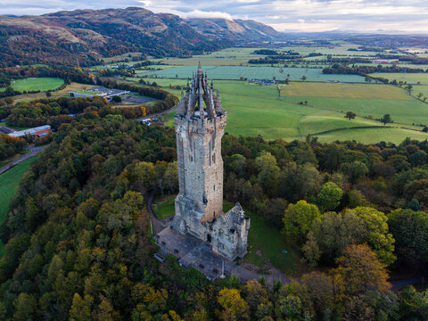 Beautiful aerial view of the National Wallace Monument Aerial View Over Stirling, Scotland &ndash; Historic Landmark and Scenic Town Landscape