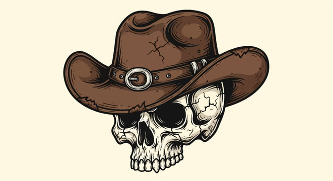 A vintage-style illustration of a weathered human skull wearing a brown cowboy hat with a detailed buckle