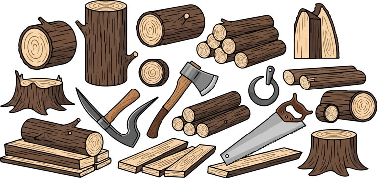 Cartoon-style collection of wood, lumber, logs, tree stumps, and traditional forestry tools