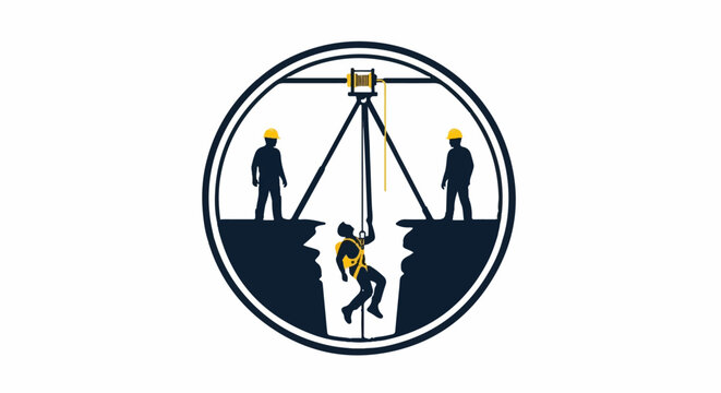 Illustration of a confined space rescue operation with workers, tripod, and winch on a white background