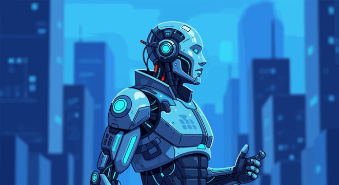 Futuristic blue pixel art humanoid robot profile with glowing eyes and circuits against a blurred city