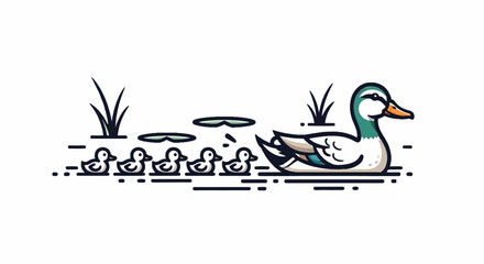 Obraz premium Stylized illustration of a mother duck and five ducklings swimming in a pond with lily pads and reeds