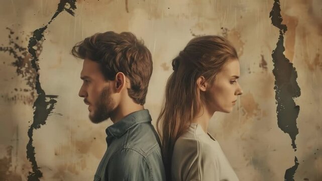Against a wall with a crack, two people stand with their backs to each other, illustrating a rift in their relationship &mdash; a striking artistic backdrop for psychological training sessions or art projec