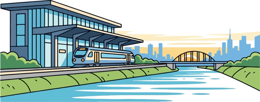 Illustration of a modern train station by a river with a city skyline and bridge at sunset