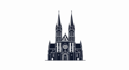 Obraz premium Dark outline illustration of a majestic Gothic cathedral with twin spires on a pristine white background
