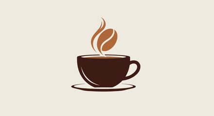 Obraz premium A stylized illustration of a steaming coffee cup with a floating coffee bean on a light background