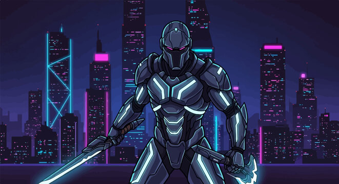 A pixelated futuristic warrior in dark, glowing armor holds two swords before a neon cyberpunk city