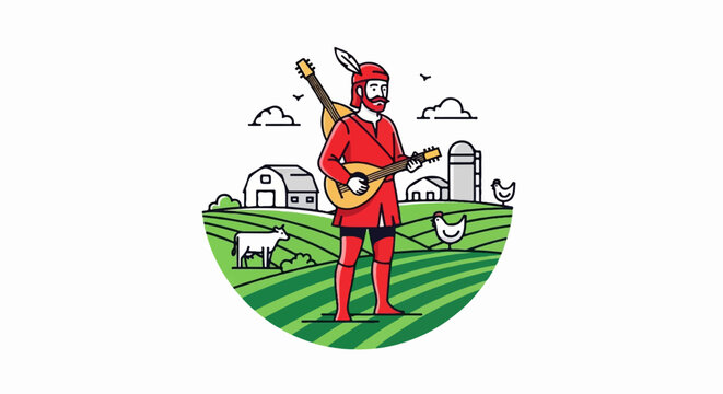 A man in red plays stringed instruments on a farm with barns, silo, cow, and chickens in green fields