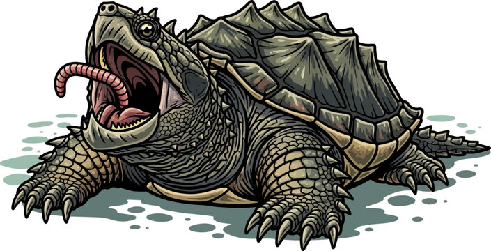 A detailed illustration of a snapping turtle with its mouth wide open, showing a worm-like lure