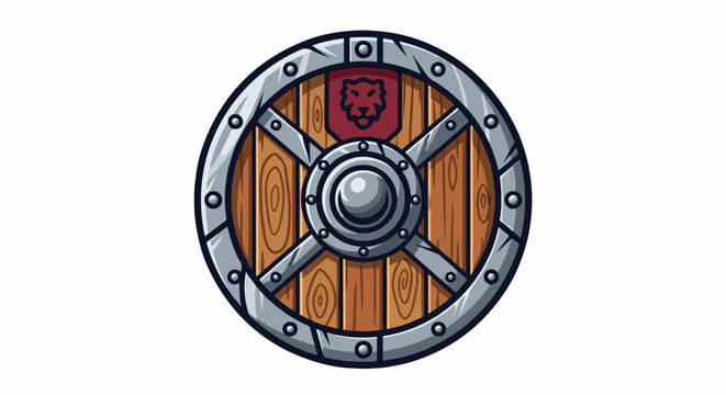 Cartoon wooden Viking shield with metal trim, boss, and a red crest featuring a stylized lion head