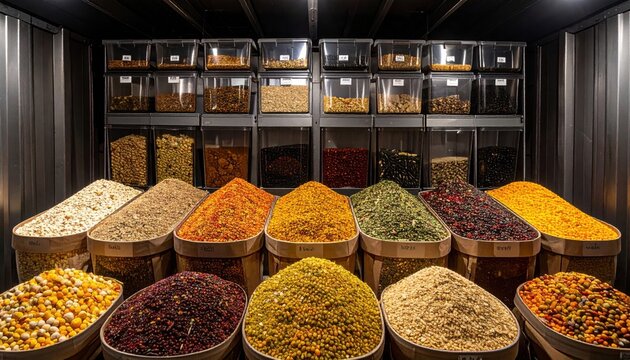 Abundant displays of colorful dried spices and herbs stored in bulk containers at a market stall