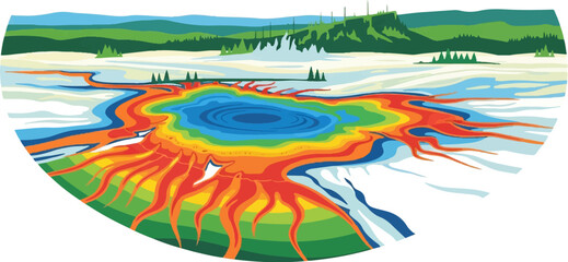 Fototapeta premium Vibrant illustration of a natural hot spring with colorful mineral deposits, surrounded by mountains and trees