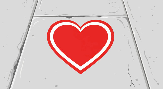 A bright red heart, outlined in white, is painted centrally on a weathered grey concrete pavement