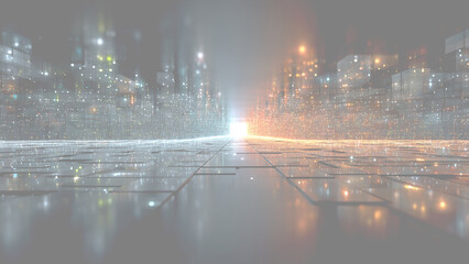 青とオレンジの光が道のように続く広大なデジタルプレーン背景