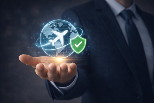 Global travel security concept with airplane orbiting digital globe and security shield representing safe international transportation