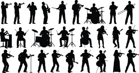 Large collection of black silhouette musical instrument players performing jazz classical and rock music including violinists drummers guitarists and trumpet players on white. © Azufa