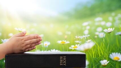 Fototapeta premium Holy bible book and cross on nature background