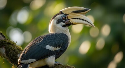 Obraz premium A majestic hornbill bird with a large casque perched on a mossy branch in a lush green forest.