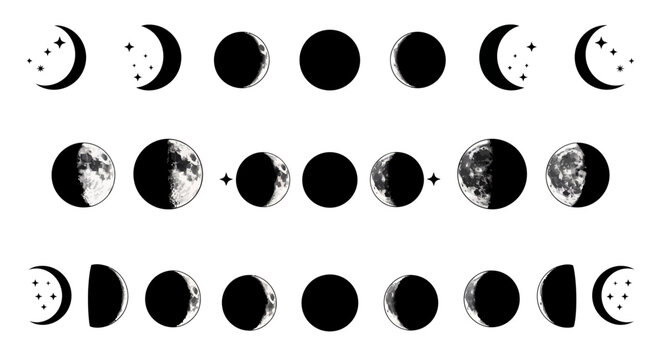 Moon Phases Cycle: Crescent, Half, Gibbous, Full Moon, New Moon, Celestial Body
