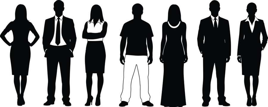 Professional diverse group of business people silhouettes standing together in formal suits representing corporate leadership team success career growth and global company partnership.