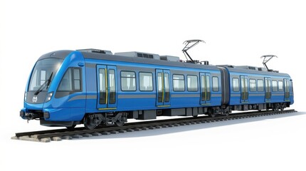 Obraz premium A blue modern electric train on tracks against a white background