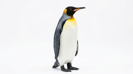 Obraz premium A king penguin standing alone on a white background, showcasing its distinctive yellow and black feathers.