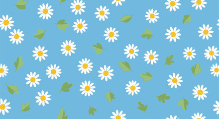 Set of white daisies and green leaves on blue background vector pattern