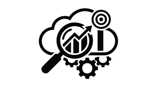 Business analysis icon vector, magnifying glass and gears