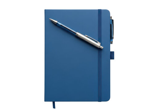 A blue notebook with a pen on top