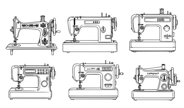 Detailed sewing machine realistic line drawing vector set isolated on white background for tailoring and textile design