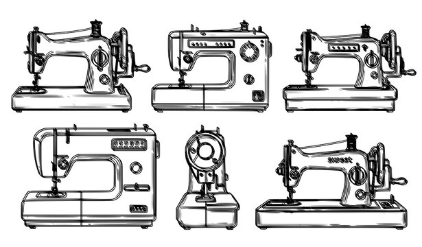 Sewing machines collection realistic outline vector illustration set isolated on white background for tailoring and fashion design