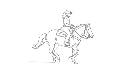 Fototapeta premium One line drawing of a woman riding a horse in a western cowboy style