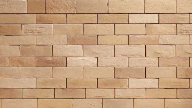 Textured tan brick wall patterned in neat rows. AI generated