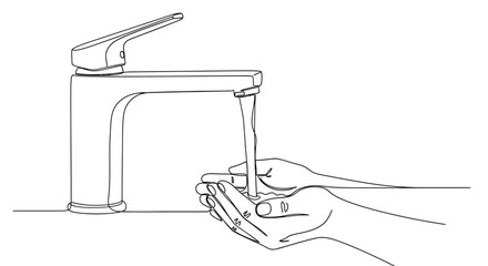 Obraz premium Line art illustration of washing hands under a water tap faucet for hygiene