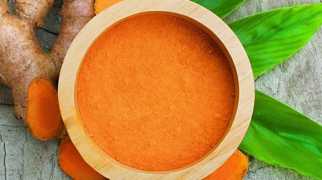 Top view of turmeric powder and sliced turmeric root on old wooden background, healthy spice ingredient.