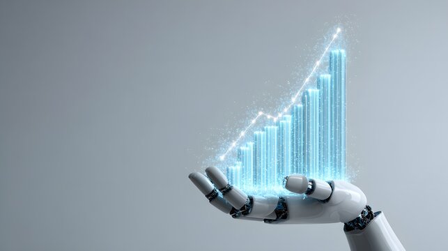 Robot Hand Holding Futuristic Glowing Financial Growth Chart.