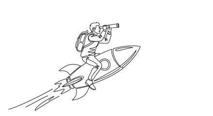 Obraz premium Man with backpack riding rocket holding telescope