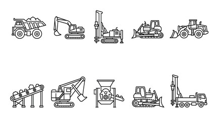 Naklejka premium A collection of line art icons representing various construction vehicles and heavy machinery, perfect for design projects related to building and industry.