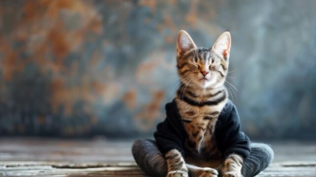 A cute kitten in a jumper is meditating on a wooden floor &mdash; the perfect atmospheric backdrop for an advert for cosy home accessories.

