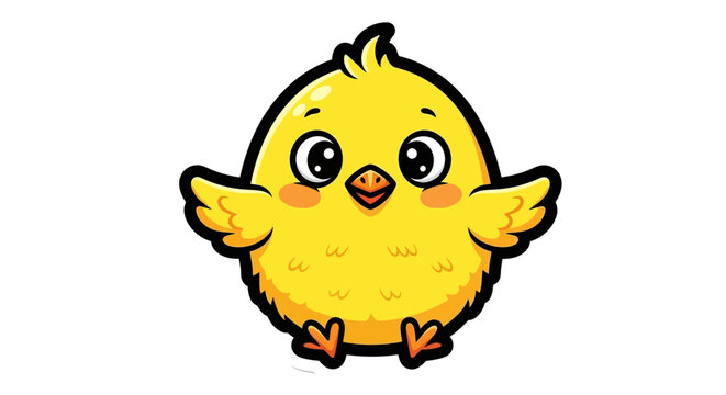 A Cute Fluffy Yellow Baby Chick with Big Eyes and Orange Beak Standing on White Background