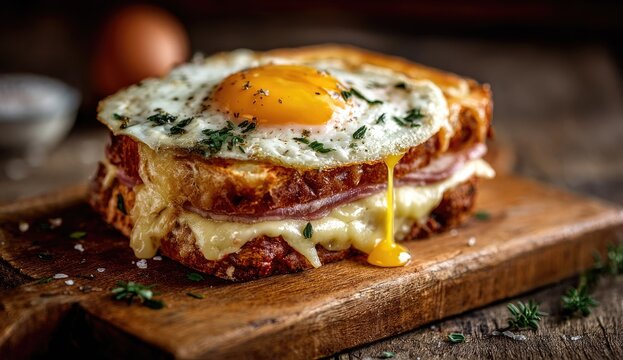 Delicious Croque Madame Sandwich with Fried Egg and Melted Cheese.