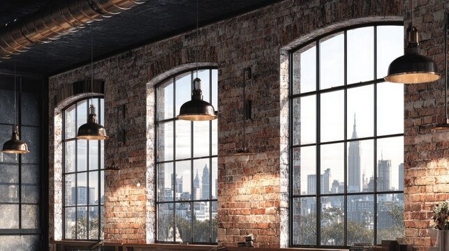 Industrial Loft Interior with Large Windows and City View.