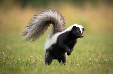 Fototapeta premium Black and white skunk stands on hind legs in green grassy field. This mammal has bushy tail and raises it up. Skunk shows defensive posture. Animal in wild nature.