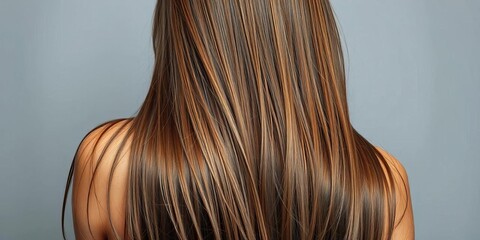 Fototapeta premium Long brown hair cascades down back, shoulders slightly slumped, curves, profile