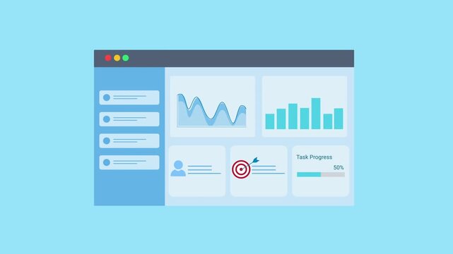 Animated data analytics dashboard interface with charts, graphs, and target indicator icon. Flat vector motion design representing goal tracking, monitoring, and digital business analytics panel.