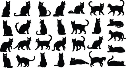 Mega collection of black cat silhouettes in various feline poses including sitting walking stretching and playing isolated on a white background for animal graphic design © Azufa
