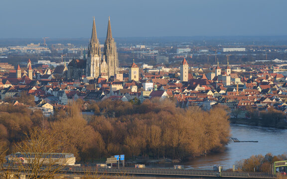 View over Regensburg's old town at sunset