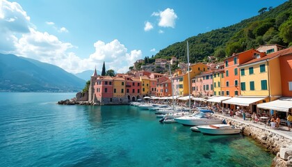 Colorful Italian coastal village with boats in clear blue water. Buildings line harbor waterfront with outdoor cafes on sunny summer day. Mountains rise behind town.